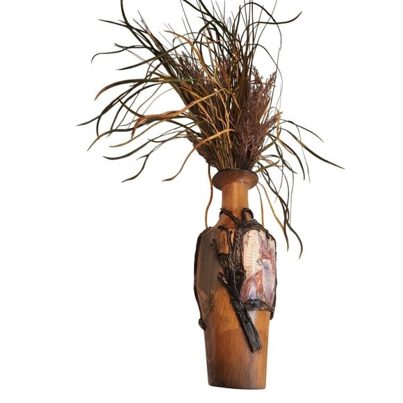 Wooden Fence Post Vase With Fox Design & Faux Grass Grain Arrangement 28" tall W - Picture 9 of 15
